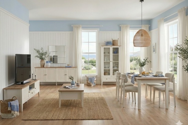 Alaçatı Yemek Odası ve TV Ünitesi: Ege Esintisi ve Beyazın Huzuru